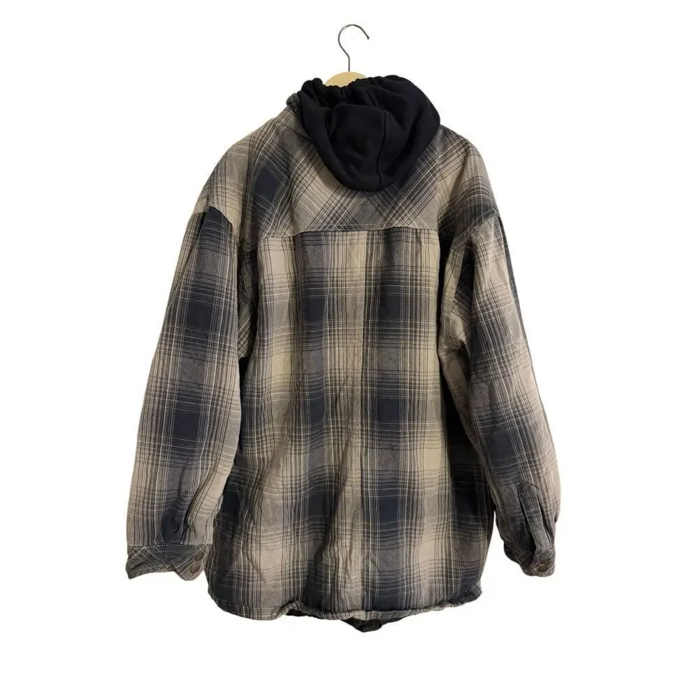 Dickies Relaxed Fit Flannel Hooded Shirt Jacket Black Gray Plaid Pattern 2XL